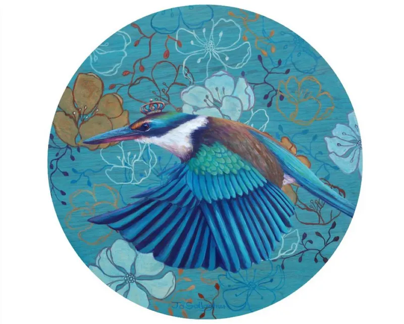 A limited edition print of a Kotare (NZ Kingfisher) in flight by Jo Gallagher, available at The Little Gallery Tairua