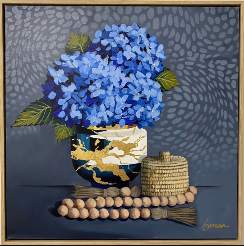 An original Acrylic painting of Blue Hydrangeas in a vase by Susan Vorster, available at The Little Gallery Whangamata