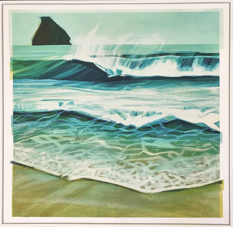 A Limited Edition print with sea spray coming off waves by Michelle McIver, available at The Little Gallery Whangamata