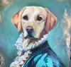 A fun and playful painting of a Labrador dressed up for a portrait by Anita Gate, available at The Little Gallery Whangamata