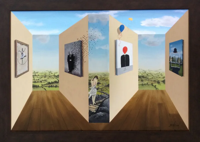 A 3D reverse perspective painting with art on the gallery walls by John Wilson, available at The Little Gallery Whangamata