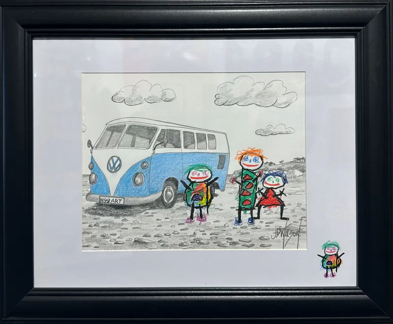 A contemporary artistic sketch of a family with a VW Van by John Wilson, available at The Little Gallery Tairua