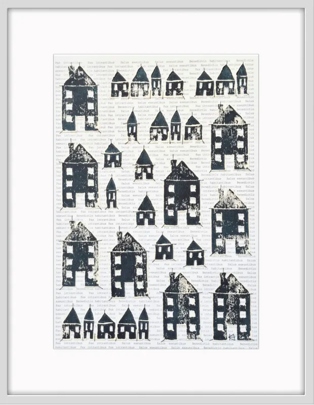 A woodblock print artwork with tiny houses handstitched to paper by Artist Kate Hill