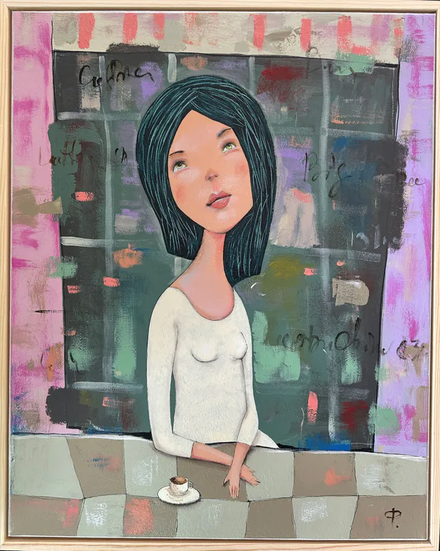 An original Mixed Media painting by Nick Fedaeff with a woman drinking coffee, available at The Little Gallery Tairua