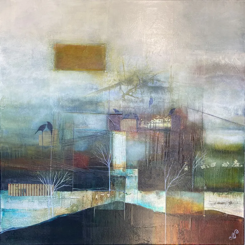 A contemporary art painting in earth tones with birds by Julie Whyman, available at The Little Gallery Tairua