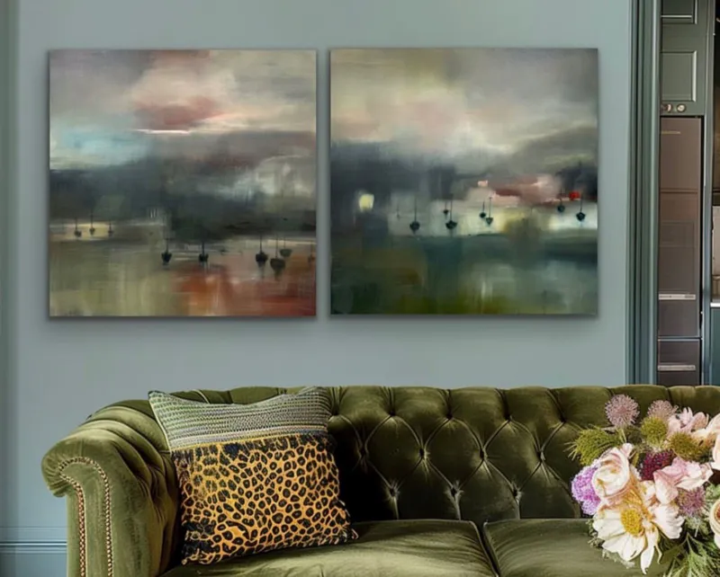 An original Acrylic Diptych of boats in the marina at night by Lyndy Wilson, available at The Little Gallery Whangamata