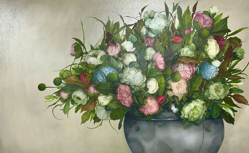 A contemporary Oil painting of flowers in a silver vase by Teri Parat, available at The Little Gallery Tairua