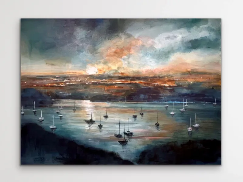An original painting with evening light over a harbour by Lyndy Wilson, available at The Little Gallery Tairua