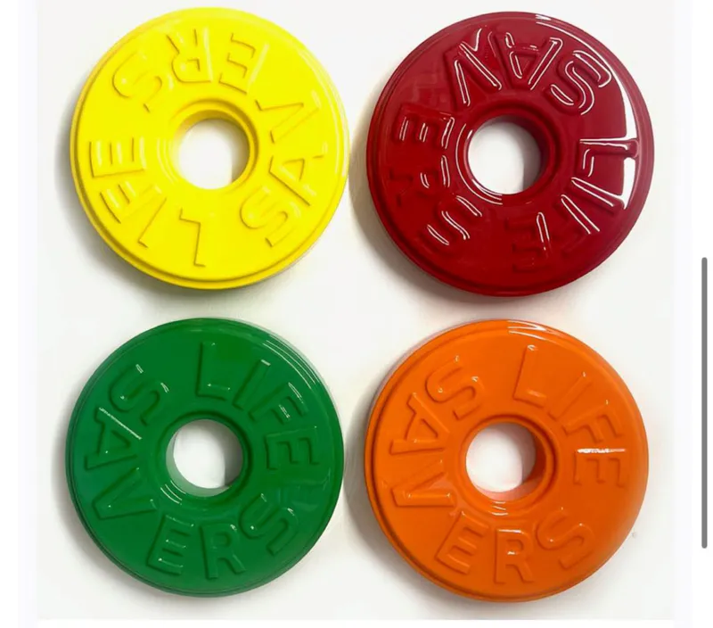 Contemporary modernist colourful resin coated artwork of Life saver lollies by New Zealand artist Clint C, available from The Little Gallery Tairua