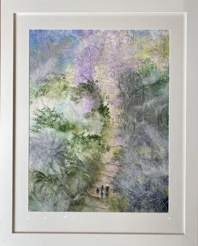 An acrylic painting of people walking through Coromandel bush by Liz Hart, available at The Little Gallery Tairua