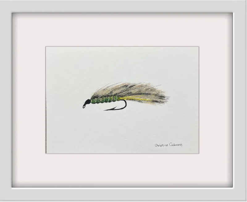 Green Rabbit trout fly painting by Christina Cashmore available at The Little Gallery in Tairua