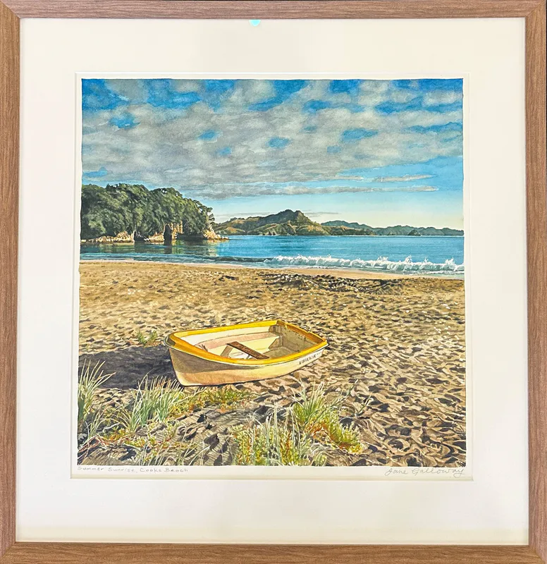 An original watercolor painting of Cooks Beach with Dinghy by Jane Galloway available at The Little Gallery in Tairua
