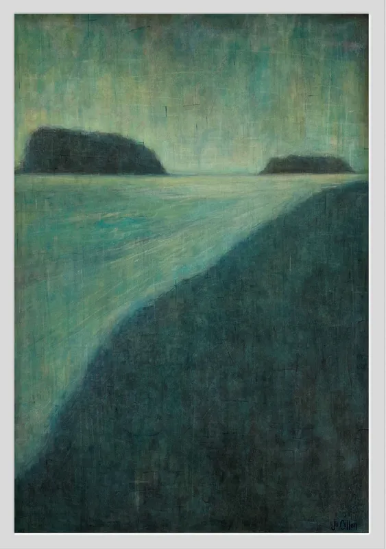 An original atmospheric painting of the islands around Whangamata by Jo Cullen, available at The Little Gallery Whangamata