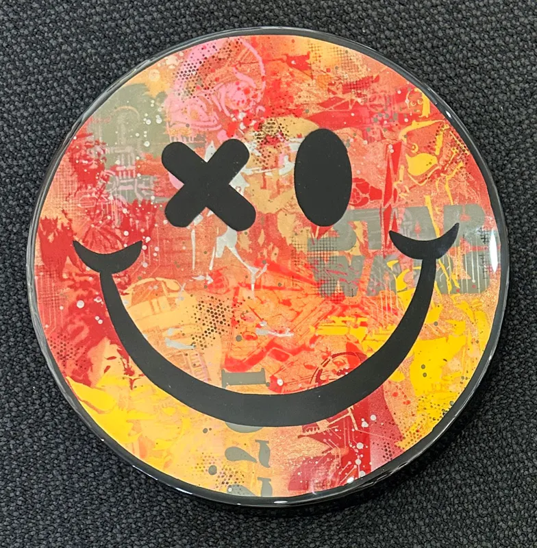 Graffiti and stencil work pop art smiley face by Random Guy, available at The Little Gallery Tairua