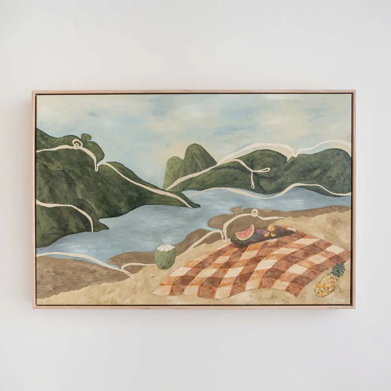 An original contemporary painting of a picnic set in front of mountains and river by New Zealand artist Jade Barclay, available at The Little Gallery Tairua