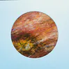 An original abstract Acrylic painting sunburnt red circle in a white square frame by Michael Harrison, available at The Little Gallery Tairua