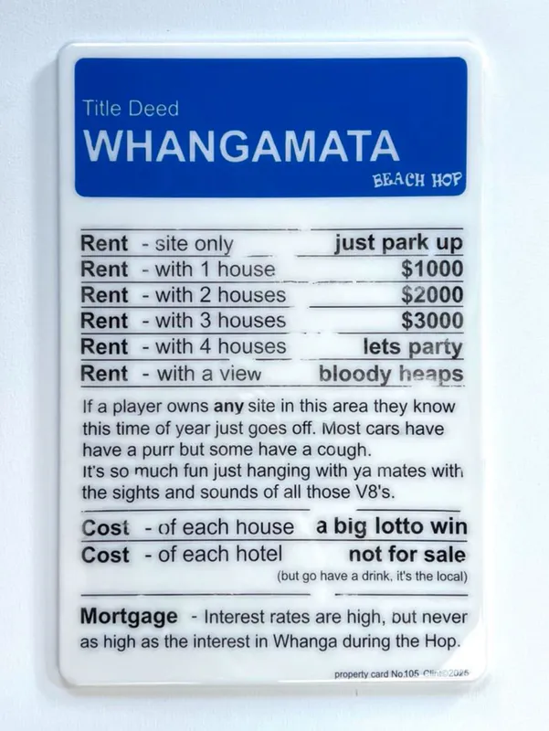 A contemporary resin coated artwork of Whangamata Monopoly Title Deed by New Zealand artist Clint C, available from The Little Gallery Tairua