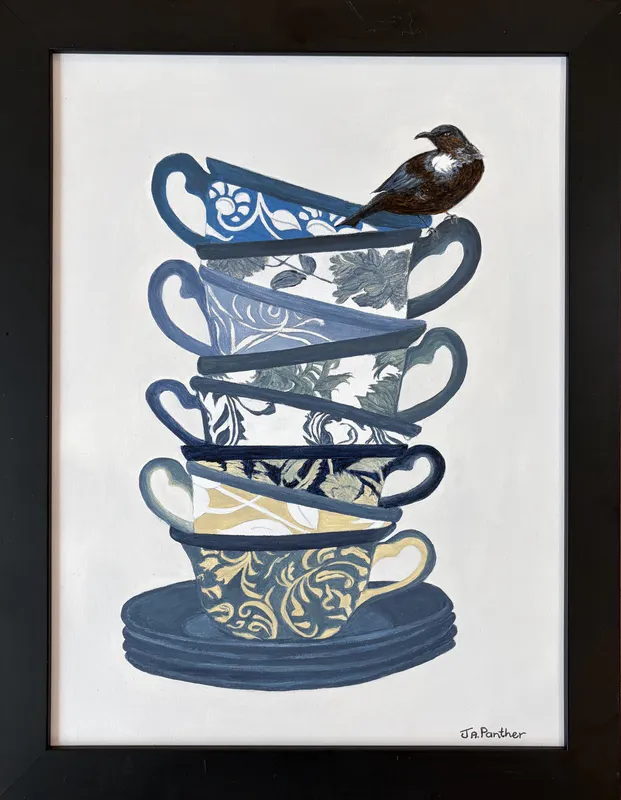 A beautiful well-balance painting of a Tui perched on stacked coffee cups by Jennifer Panther, available at The Little Gallery Tairua
