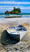 A Limited Edition fine art print of a dinghy at Whangapoa by New Zealand artist Jane Galloway, available at The Little Gallery Tairua