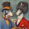 A fabulous caricature painting of personified dogs in human clothing by Anita Gate, available at The Little Gallery Tairua