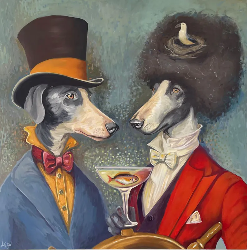 A fabulous caricature painting of personified dogs in human clothing by Anita Gate, available at The Little Gallery Tairua