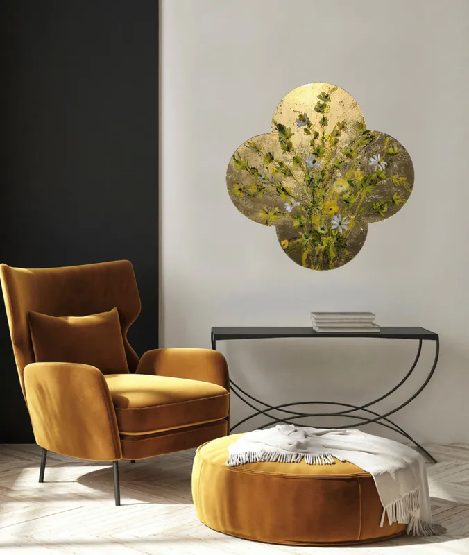 A painted quatrefoil wall art with gold leaf and green flowers by Kristin Hart available at the Little Gallery in Tairua