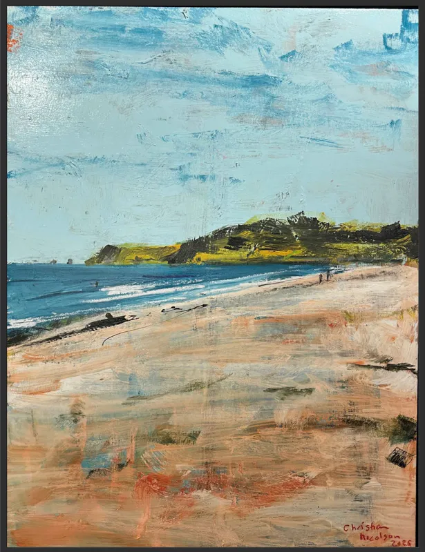An original Acrylic painting of Whangamata beach by Christian Nicholson, available at The Little Gallery Whangamata