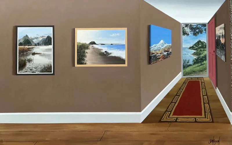 An original 3D visual trickery painting of a hallway with artwork by John Wilson, available at The Little Gallery Whangamatā