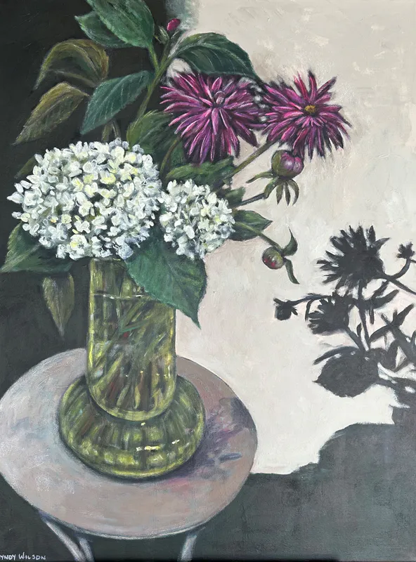 A contemporary still life painting with flowers in a vase by Lyndy Wilson, available at The Little Gallery Tairua