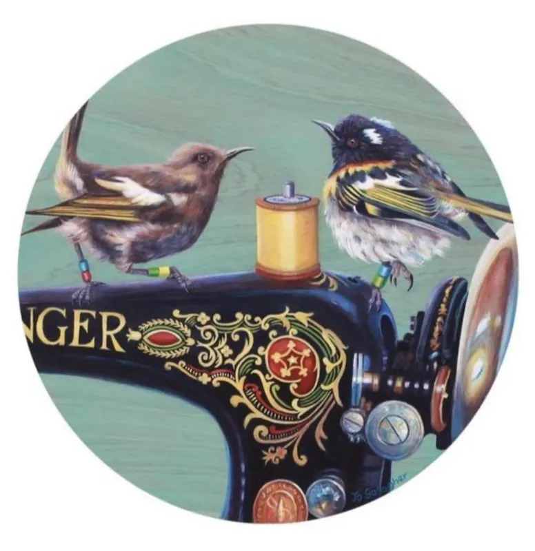 A limited edition print of birds sitting on a sewing machine by Jo Gallagher, available at The Little Gallery Tairua