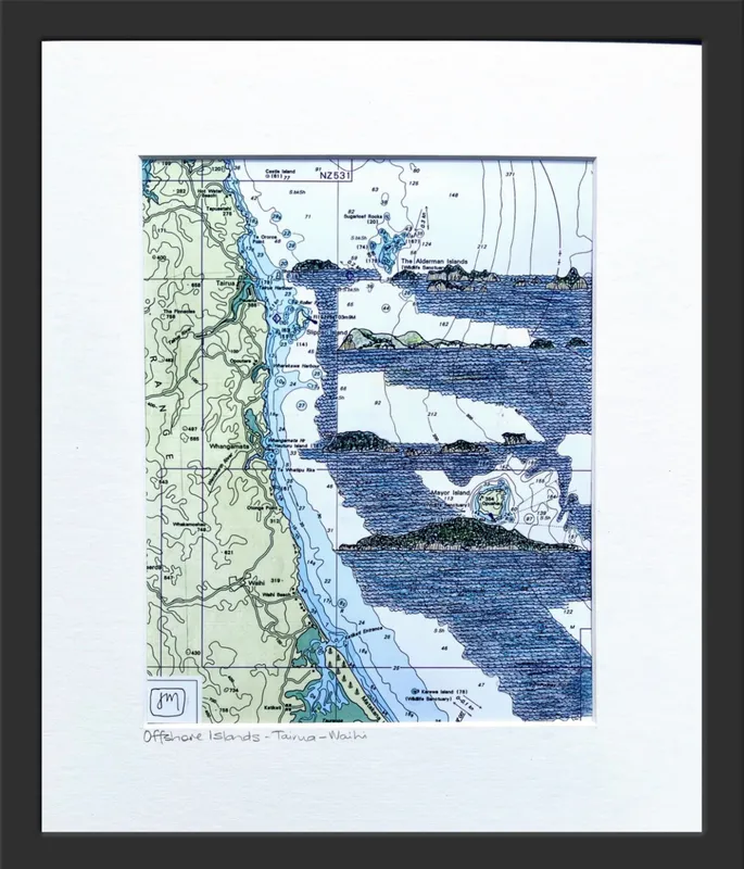 Marine chart with ink drawing of the islands between Waihi and Tairua by Joanne Mahoney, available at The Little Gallery Whangamatā