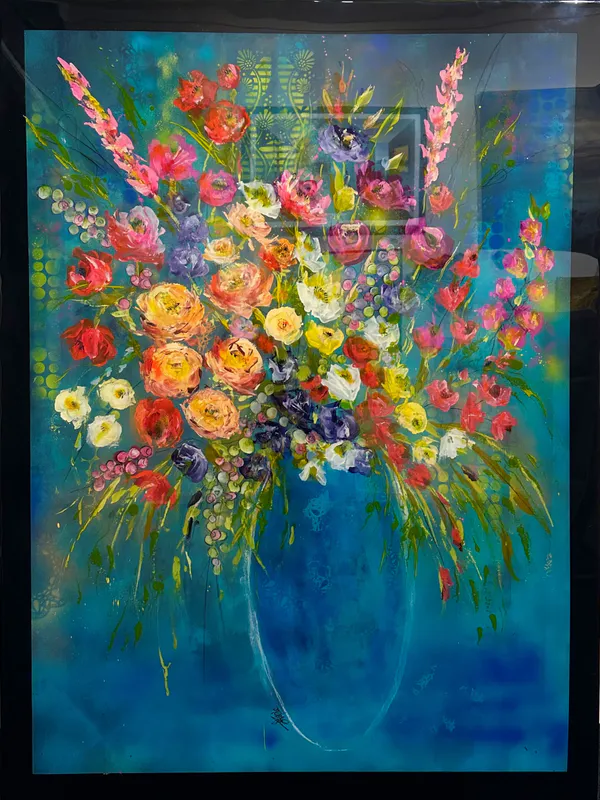 A bold and colourful floral artwork with resin coating by Kristin Hyde, available at The Little Gallery Whangamata