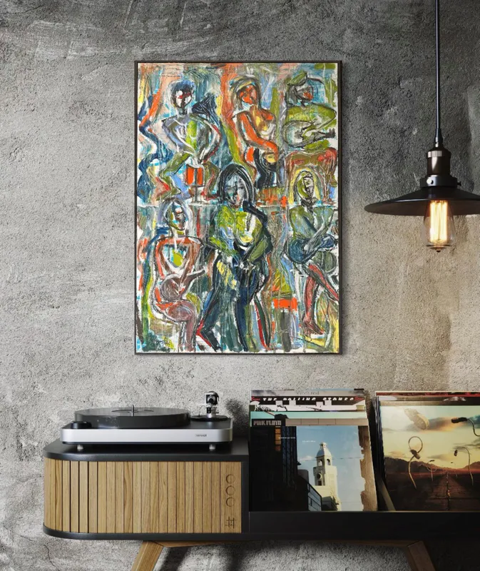 A contemporary painting of ladies in a band by New Zealand artist Peter Augustin, available at The Little Gallery Whangamata