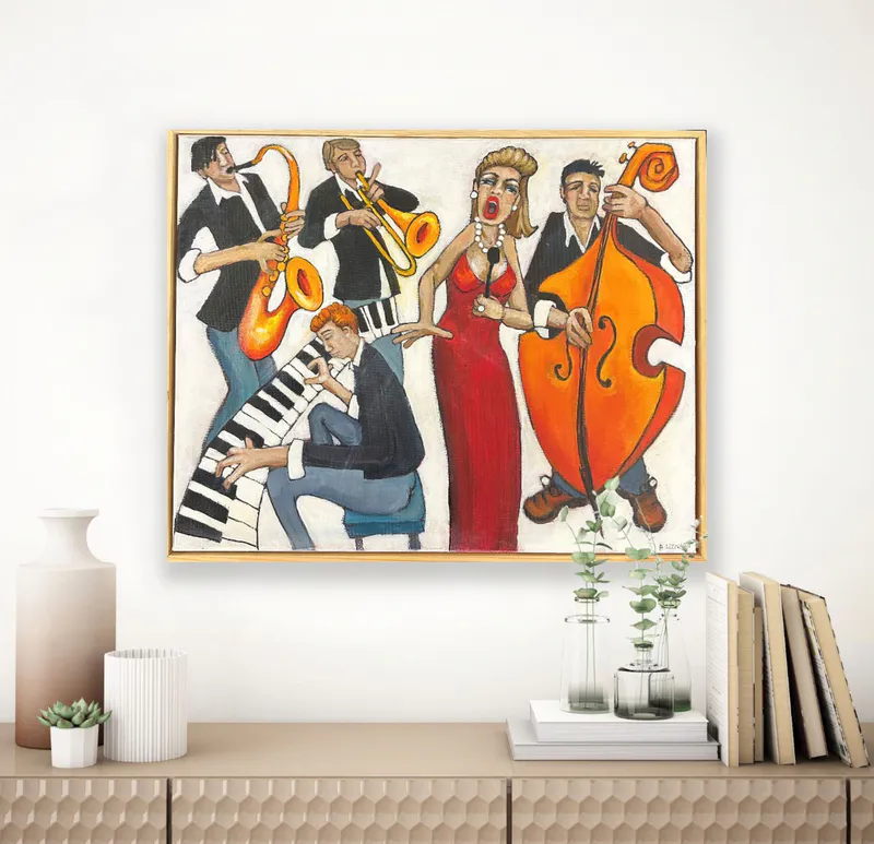 A quirky painting of blues artists in a band by Artist Heather Leonard available at The Little Gallery in Tairua
