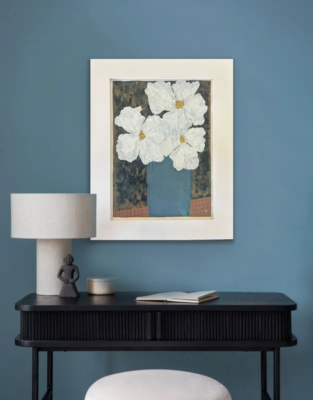 A painting of Camelias in a vase by Artist Joanne Mahoney available at The Little Gallery in Whangamata