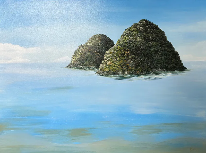 A whimsical contemporary painting of two islands by New Zealand artist Bernie Kirkham, available at The Little Gallery Tairua
