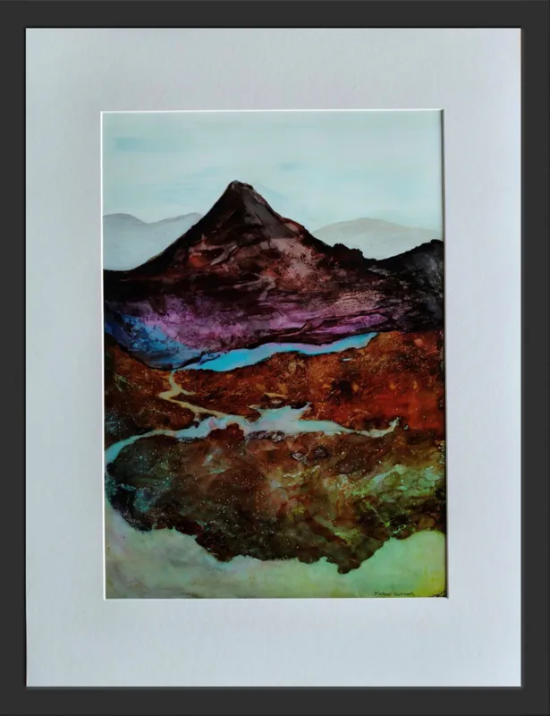 An original Alcohol Ink painting with mountains and rivers flowing by Michael Harrison, available at The Little Gallery Tairua