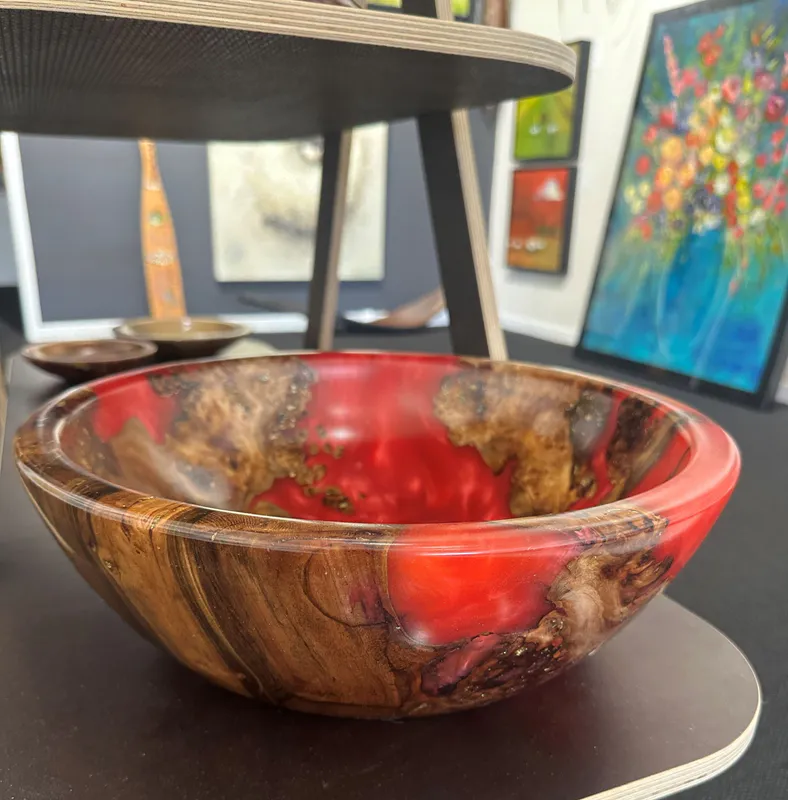 Large wood-turned bowl with red resin by Stephen Hodson, available at The Little Gallery Tairua