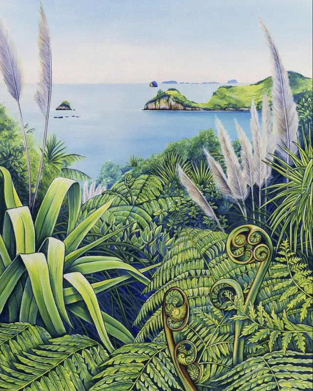 An original painting looking over Hahei by Ginny Deavoll, available at The Little Gallery Tairua