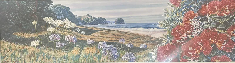 A limited edition print of Pohutukawa tree at Whiritoa beach by Jane Galloway, available at The Little Gallery Whangamata