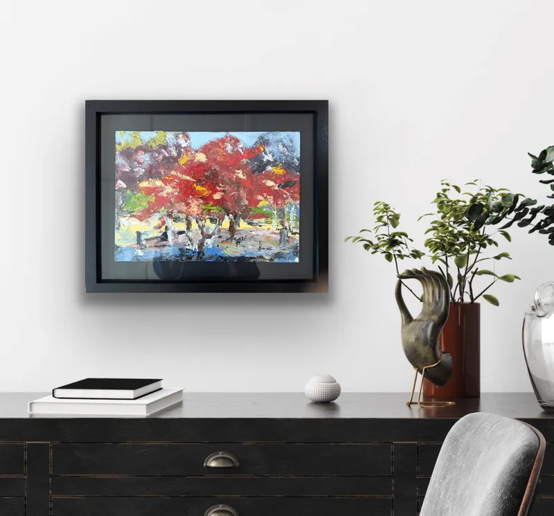 An original artwork of Autumn colours in leaves on a tree by Kay de Blaauw, available at The Little Gallery Whangamata