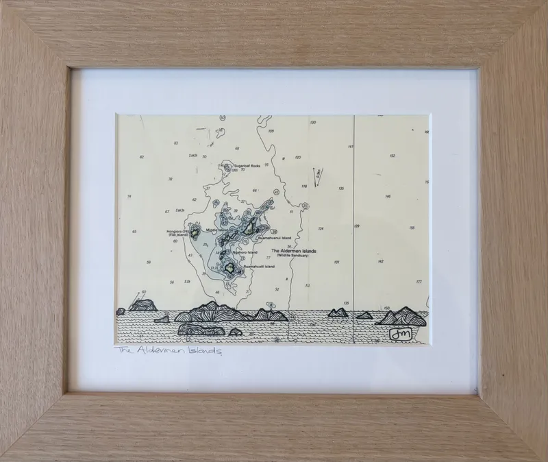 An Ink on Marine Chart drawing by Joanne Mahoney, available at The Little Gallery Whangamatā