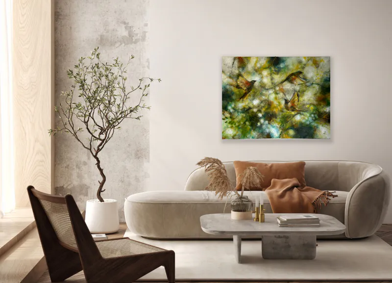 Staged contemporary New Zealand artwork with birds by Julie Whyman displayed at The Little Gallery Whangamata