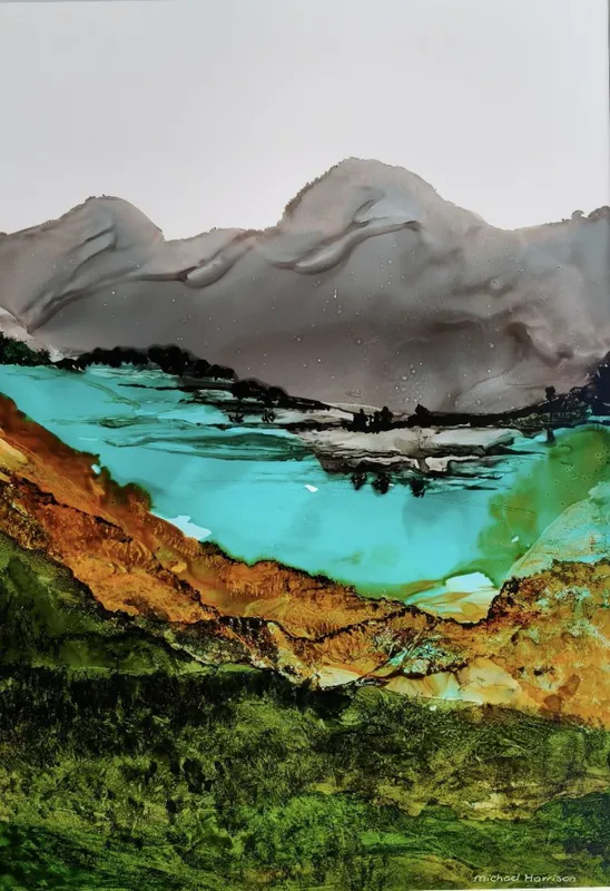 An original Alcohol Ink painting with turquoise and natural colours by Michael Harrison, available at The Little Gallery Tairua