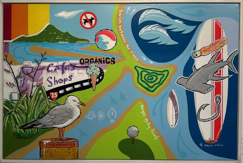 Original Acrylic painting with Kiwiana and familiar Tairua icons by Bruce Rule, available at The Little Gallery Tairua