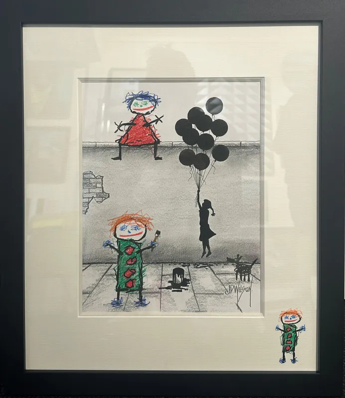 An original sketch with children and balloons by John Wilson, available at The Little Gallery Tairua
