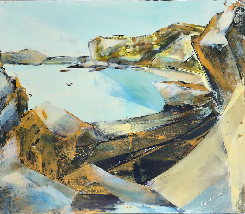 An original Acrylic painting of a coastal scene applied with palette knife by Sarah Gordon, available at The Little Gallery Tairua