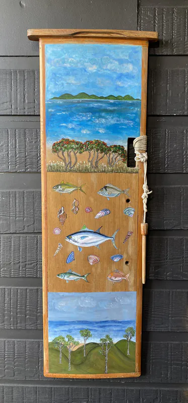 Recycled old Kauri Centreboard painted with coastal theme by Chrissie Burnside, available at The Little Gallery Tairua