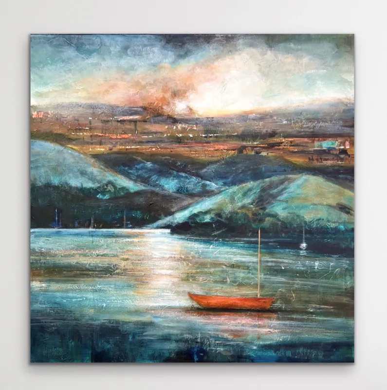 An atmospheric original Acrylic painting by Lyndy Wilson, available at The Little Gallery Tairua