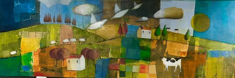 An original patchwork style landscape painting by Dalene Meiring, available at The Little Gallery Tairua